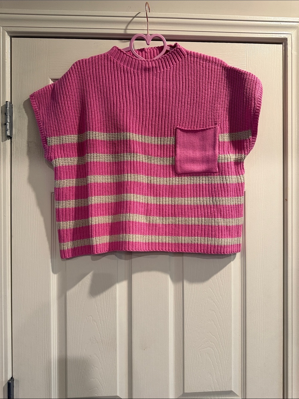 Zenana Outfitters Pink and Cream Striped Short Sleeve Knit Sweater